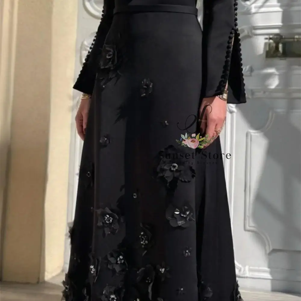 Customized  BlackFour-Way Stretch Strapless Prom Dress 3D Flower Long Sleeves Wedding Dresses Floor-Length vestidos de noche