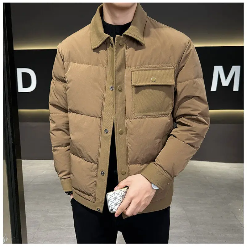 

Men's down jacket, lapel solid white duck down filled warm lightweight jacket, fashionable casual warm coat