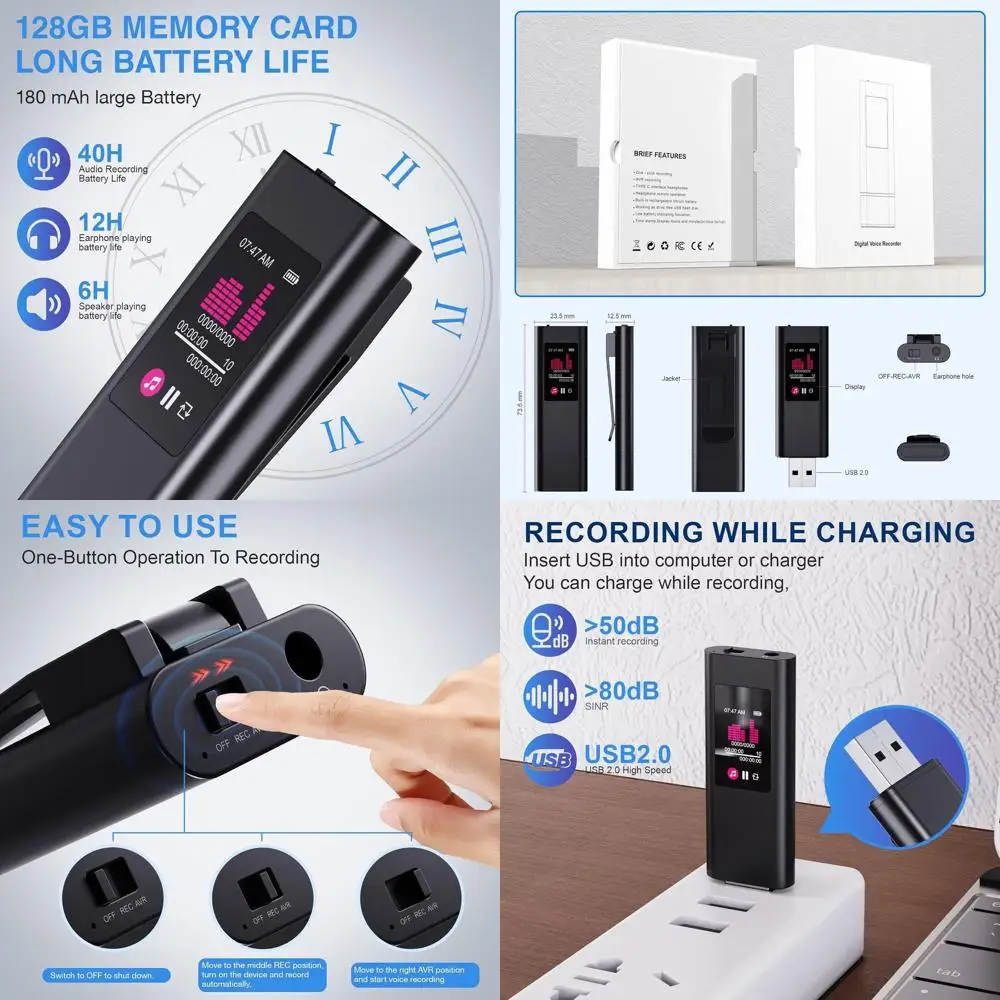 مسجل صوت رقمي سعة 128 جيجابايت، تقليل ضوضاء الذكاء الاصطناعي لمدة 1600 ساعة، مسجل صوت منشط قابل لإعادة الشحن مع تشغيل، صوت مشغل MP3 #1