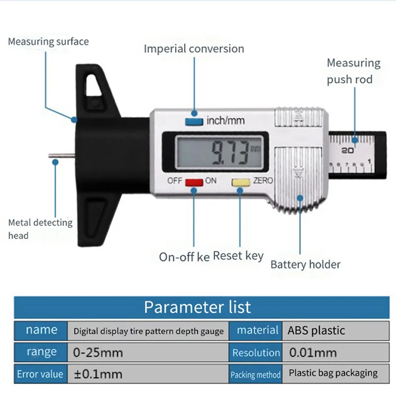 

Y42A-1 Piece Digital Tyre Depth Gauge Silver Portable Tire Tread Depth Gauge Tyre Tread Checker For Cars, Caravans, Trucks
