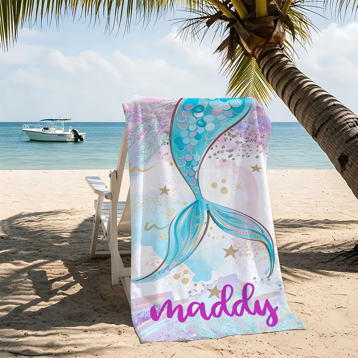 Personalized Mermaid Tail Towel/Beach Towel, Custom Beach Towel, Lightweight and Comfortable, for Surfing, Swimming, and Yoga