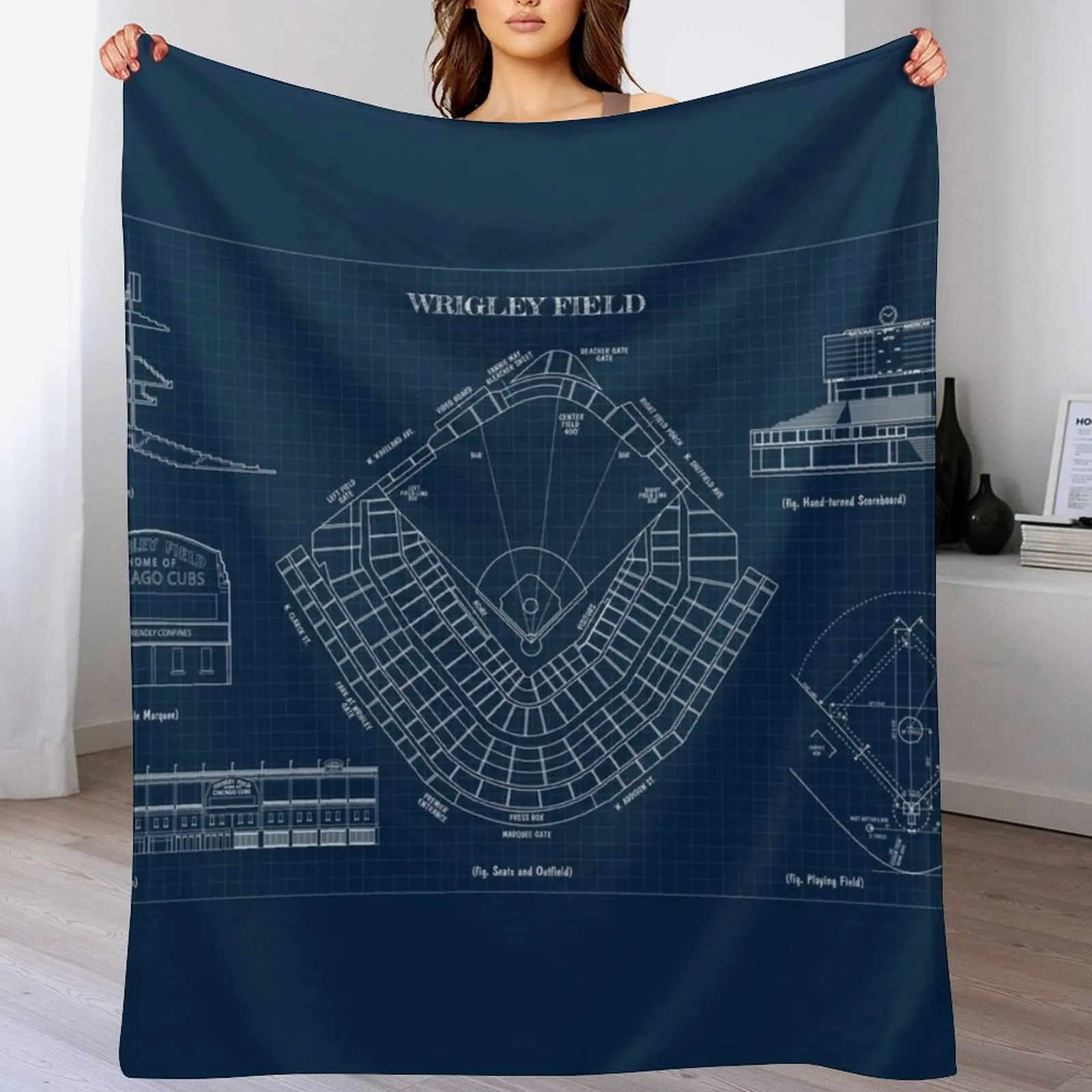 

Wrigley Field (Navy Blueprint) Throw Blanket Decorative Soft Throw Blanket for Couch Sofa