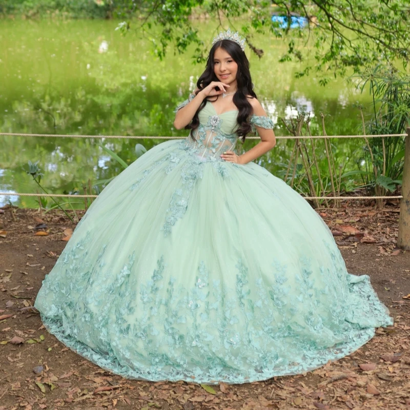

Light Green Shiny Ball Gown Quinceanera Dresses Bow Beading Crystal Tull Corset Off Shoulder Sweet 16 Dress Vestidos 15 de Anos