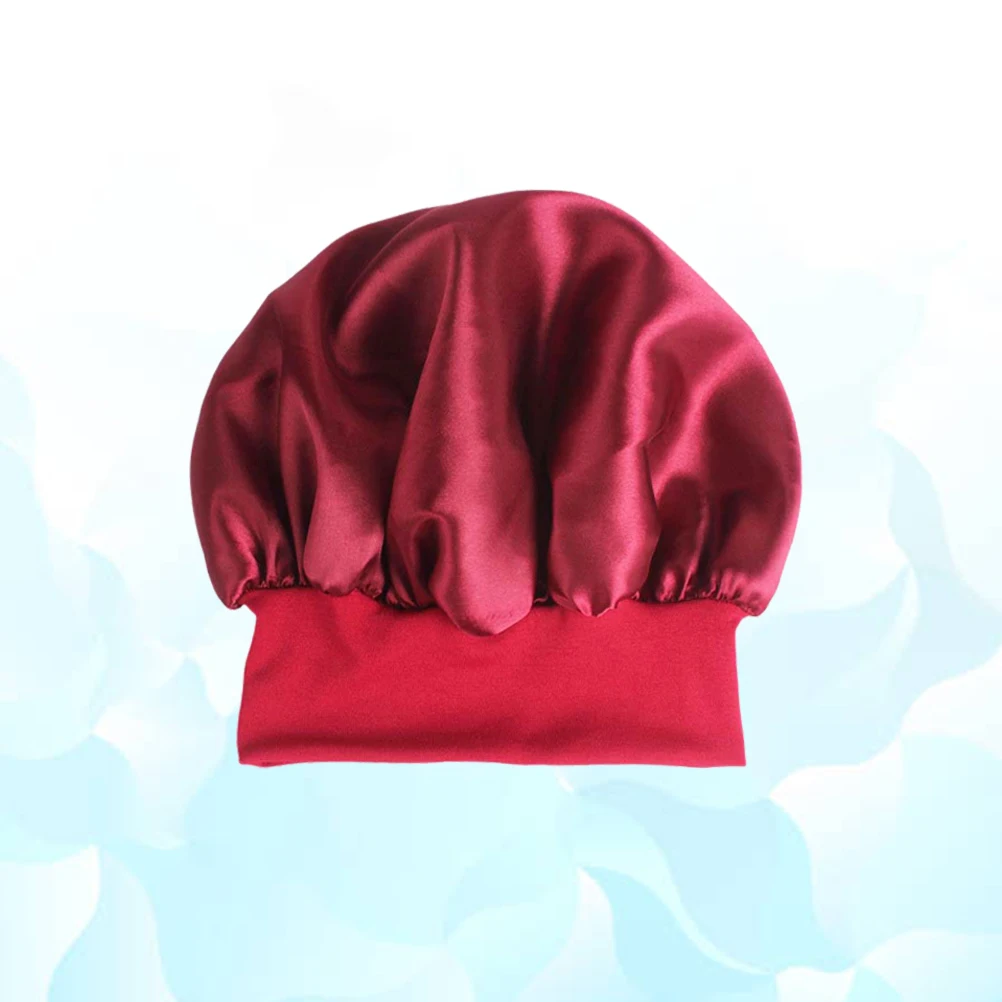 

2pcs Wide Side Elastic Satin Sleeping Hair Cap For Women 56-58Cm Big Size Non-Mash Hairdo Protection Wine Red Bath Cap