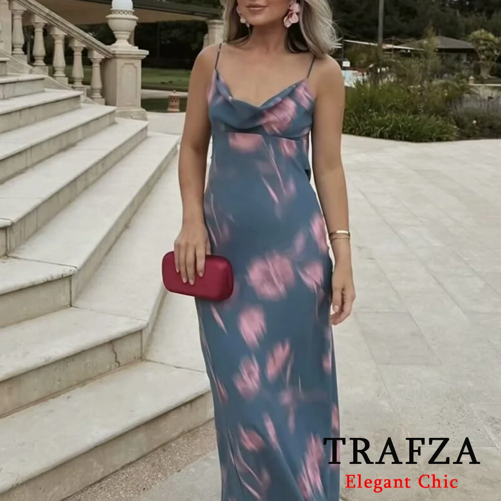 TRAFZA-vestido Midi Vintage con estampado de flores para mujer, moda de verano, cuello drapeado, pradera, elegante, Fiesta en la playa, vacaciones, 2024