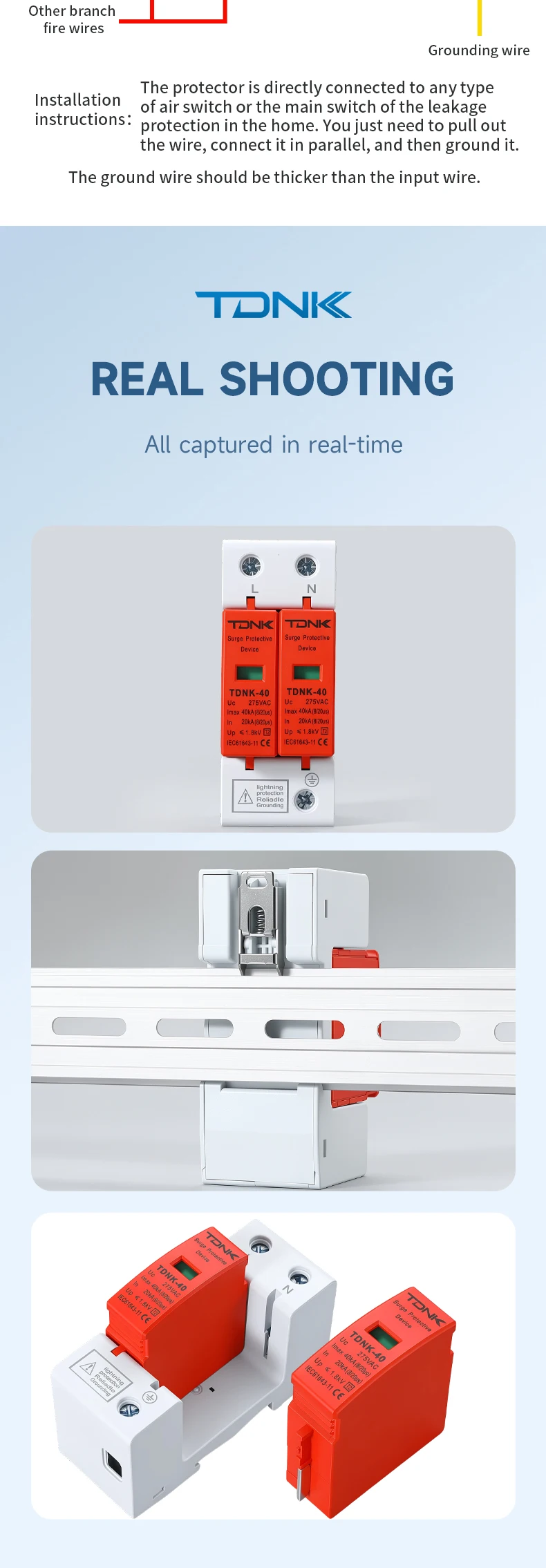TDNK AC SPD 2P 20KA 40KA 275V 385V Überspannungsschutz für Häuser, Niederspannungsableiter, Blitzschutzgerät für Haus-PV-Systeme – Detail 14