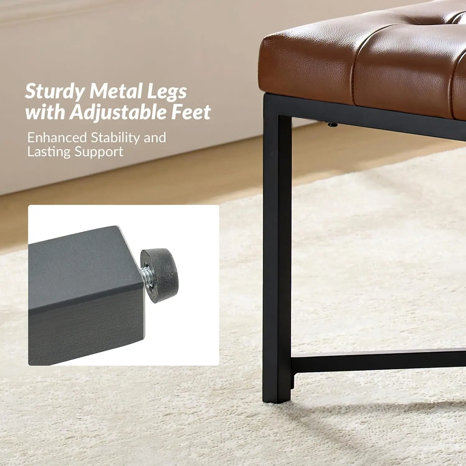 Genuine Leather Square Ottoman with Button Tufting & Metal Base, Multi-Functional Footrest for Living Room, Brown, Customized