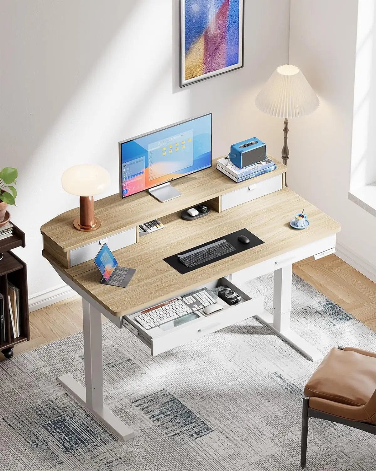 Electric Standing Desk 4 Drawers 48x30in Desktop Cable Tray Monitor Mount Grommet 27.9-46.8in Home Office Customized
