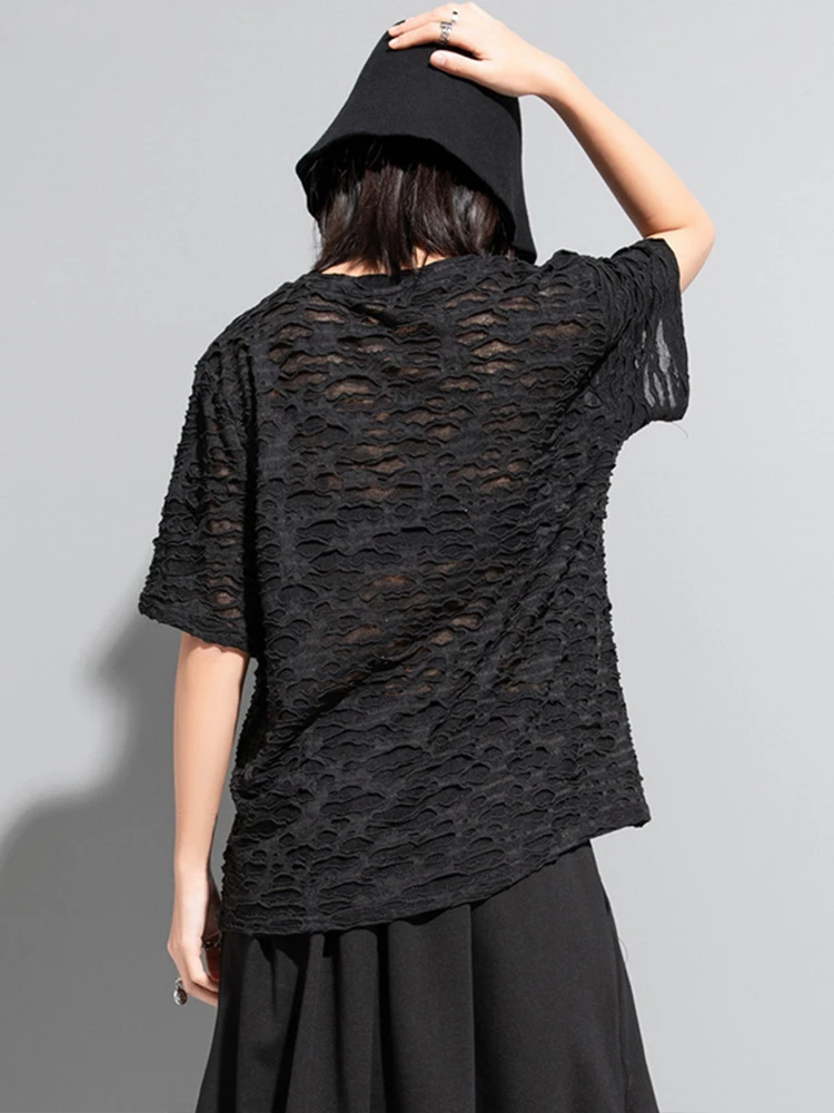 Amax luluE 2025 Spring Womens Fashion Mesh Design Punk T-shirts Loose Casual Lace Tops Ladies Sexy Casual Classic O Neck Clothes
