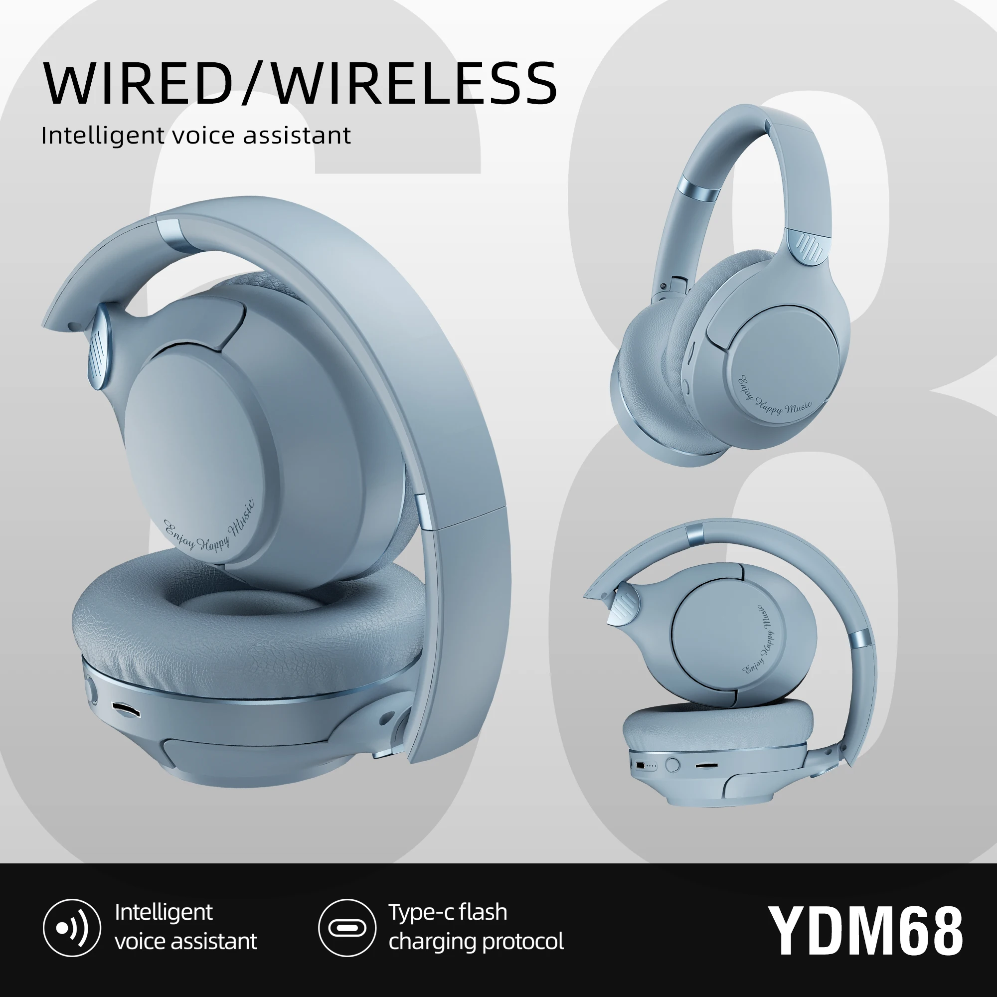 YDM68 Headphone Bluetooth Headset Gaming Headsets Over-ear Earphone Wireless Earpiece Sports with Microphone Battery Durable