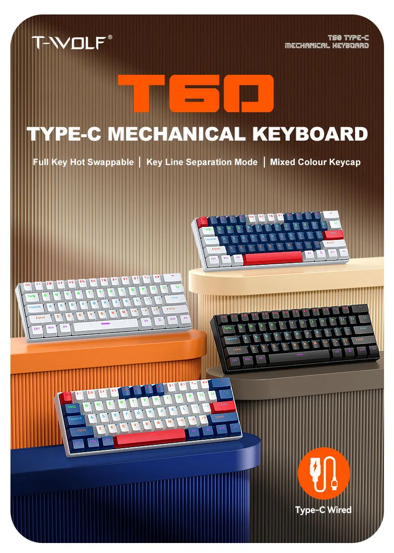 T-WOLF T60 Type-C Wired Mechanical Keyboard, Full Key Hot Swappable Switch, Key Line Separation Design, Mixed Color Keycaps, RGB