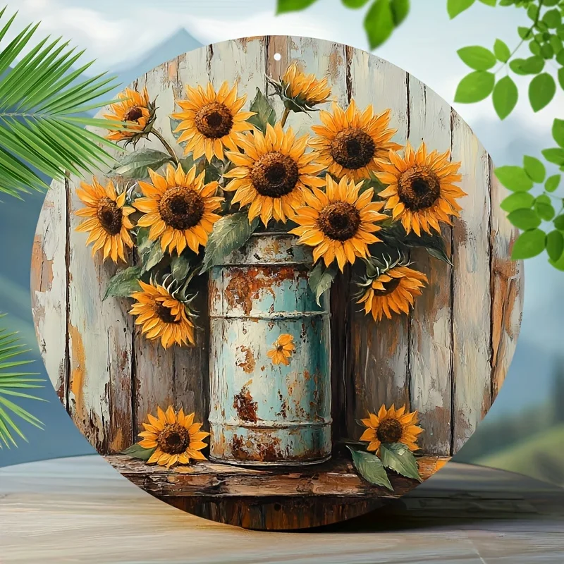 

Rustic Farmhouse Sunflower Metal Wall Decor - Vintage Floral Decoration with Antique Blue-can look, Room Decor