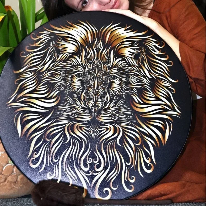 10 Shaman Tambourine Tree of Life Decorative Design Featured Style Lion Pattern Musical Instrument Drum with Drum Stick
