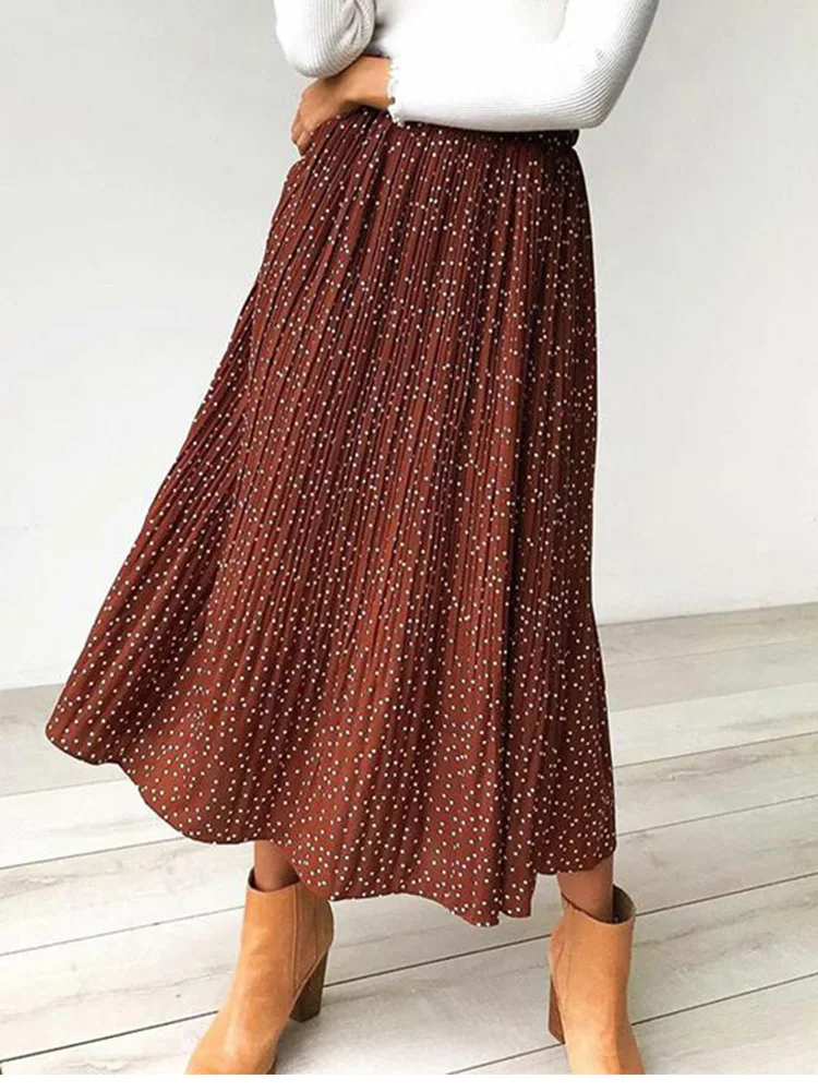 

White Dots Floral Print Pleated Midi Skirt Women Elastic High Waist Side Pockets Skirts Summer 2024 Elegant Female Bottom