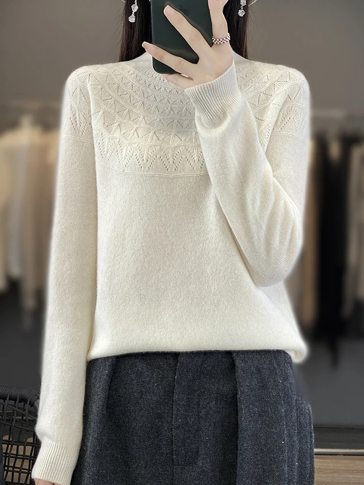 Women Cashmere Sweater 100% Merino Wool Knitted Pullover  Autumn Winter  Mock Neck Hollow  Solid Color Knitwear Soft Casual Top