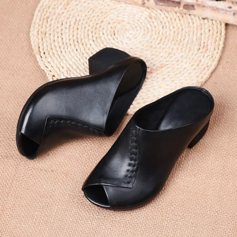 Thick-heeled Soft Leather Outer Slippers Fish Mouth Comfortable Versatile Mid-heeled Women Sandals Women\'s Mother\'s Shoes Women