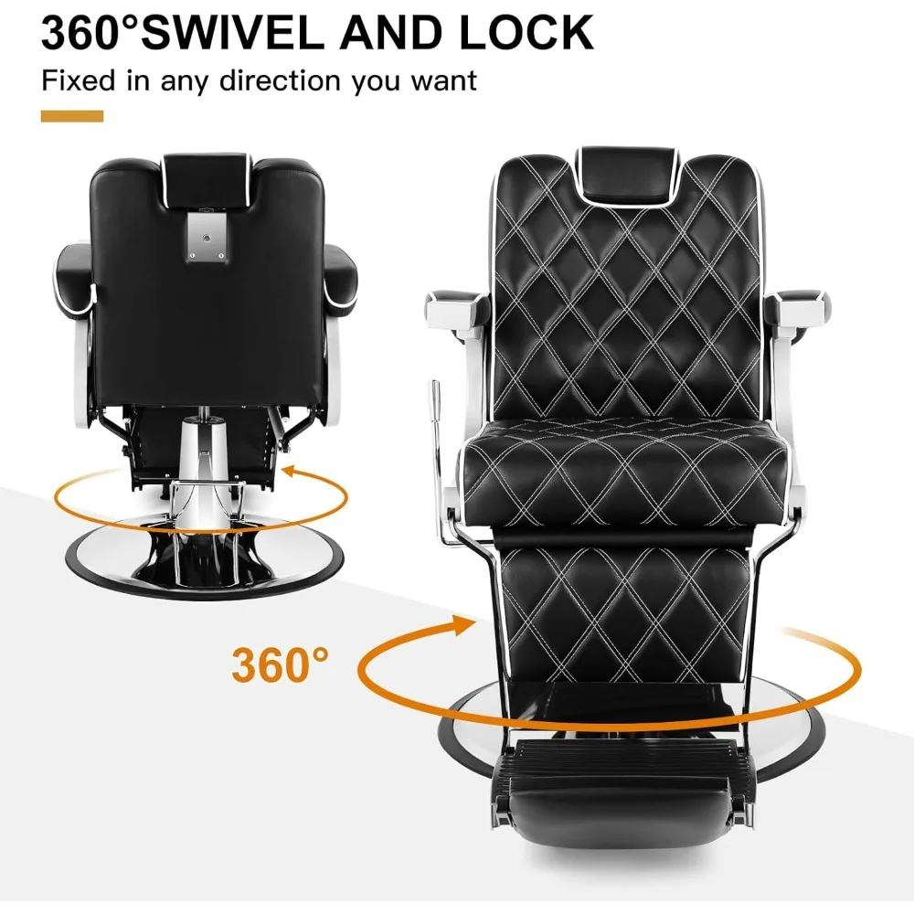 스타일리시한 헤비듀티 빈티지 이발 의자, 유압식 리클라인 기능, 살롱 및 스파용, 블랙