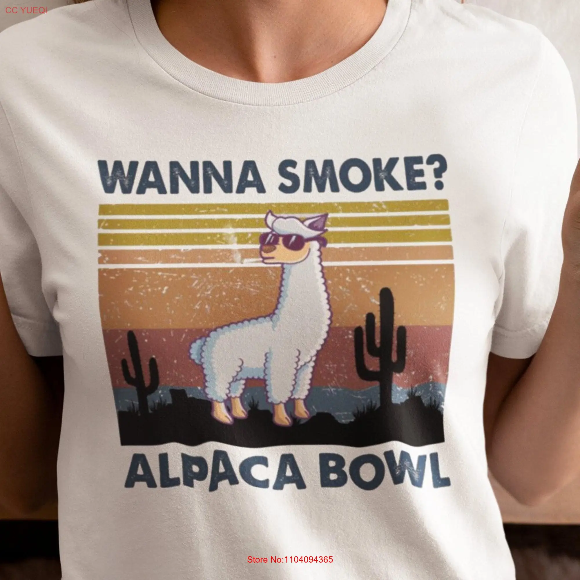 Wanna Smoke Alpaca Bowl Vintage T Shirt 420 Llama Smoking Pothead For Stoner long or short sleeves