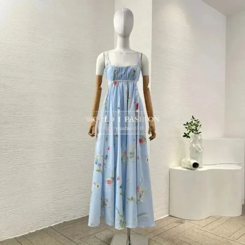 Bawełniana Sukienka Midi Damska Bez Rękawów na Ramiączkach Spaghetti z Wycięciami, Elegancki Kwiatowy Wzór, Niebieska, Wysoka Jakość, Lato 2025