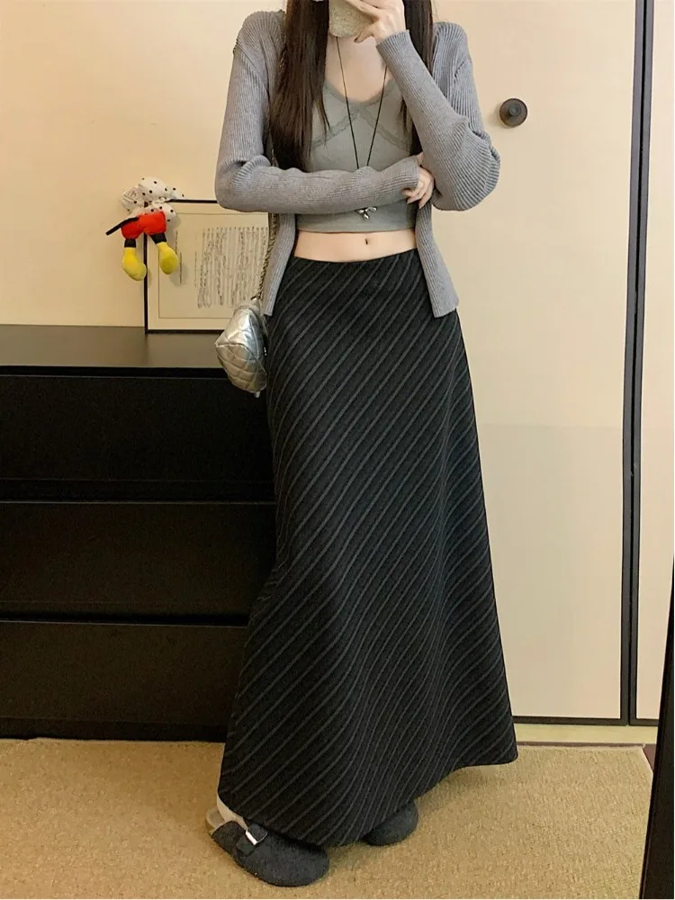 

plus Size A-Line Midi Skirt High Waist Slimming Design Autumn Winter New Style Retro Stripes Wool Blend Women's Fashion
