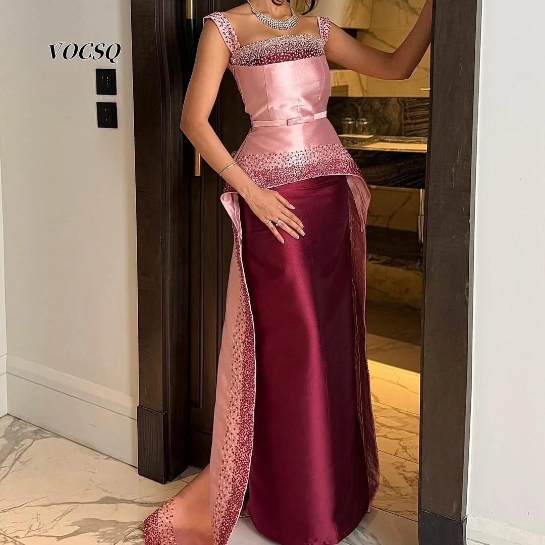 Ballkleider mit quadratischem Ausschnitt, Satin, Perlen, zweifarbig, Rosa, Burgunderrot, Meerjungfrau-Stil, formelles Abendkleid für Damen, individuell gestaltet