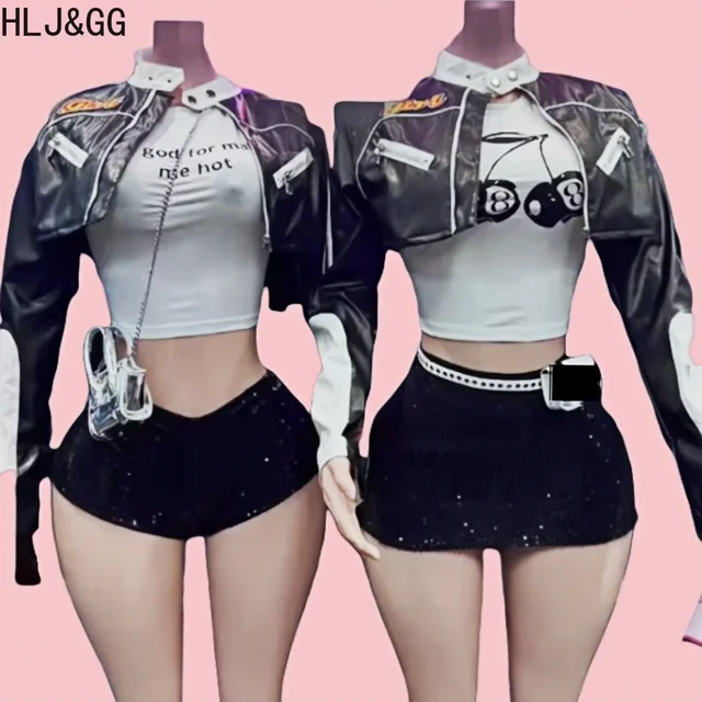 HLJ&GG czarna skórzana kurtka moda Streetwear kobiety Zip z długim rękawem krótki top + koszulki + spodenki z cekinami 3 częściowe zestawy odzież damska