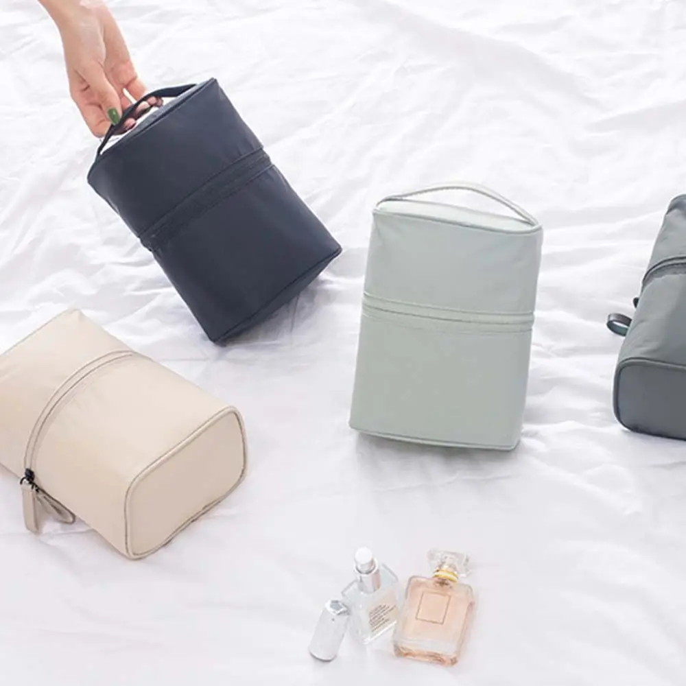Bolsa de Aseo Cilíndrica Coreana con Cremallera, Color Crema, para Viaje, Organizador de Cosméticos y Artículos de Aseo para Mujer, con Estuche Exterior
