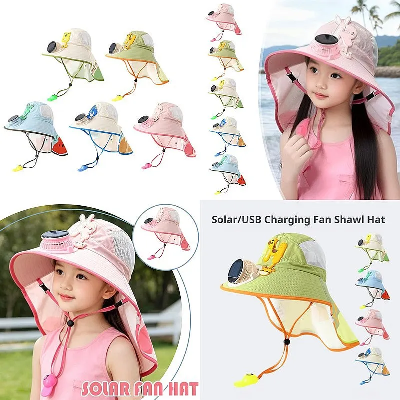 Solar USB Charging Fan Sun Hat UPF50+ UV Protection Wide Brim Neck Flap Breathable Mesh Adjustable Cooling Hat for Outdoor