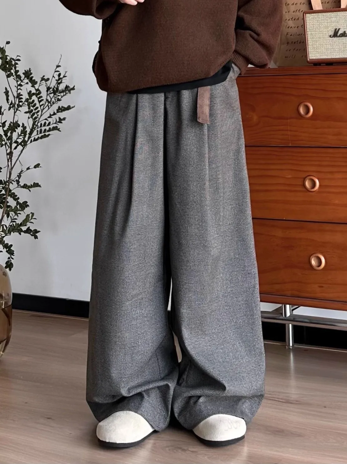 

Свободные повседневные брюки для мужчин и женщин, прямые широкие брюки, драпированные длинные брюки, винтажные повседневные брюки свободного покроя с поясом в клетку