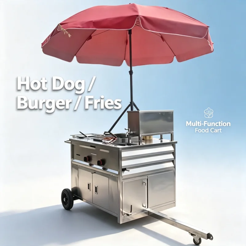 Wheeled Stainless Steel Mobile Vending Cart Towable Hot Dog Stand For Outdoor Catering Burger Deep Fry Food BBQ Customized