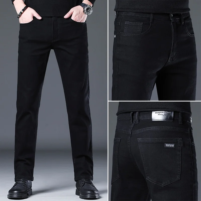 2026 Autumn New High Quality Denim 98% Cotton Stretch Korean Casual Men's Slim Straight Black Jeans Medium Waist Classic Pants