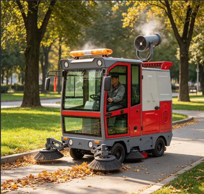 Enclosed Cabin Ride On Road Sweeper With Water Spray Vacuum For City Street Park Residential Area Sanitation Cleaning Work