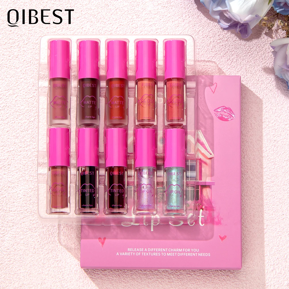 QIBEST 10 PCS Moisturizing Lip Gloss Sets Transparent Lip Oil Hydrating Lip Glaze Lip Plumper Matte Liquid Lipstick Makeup Kits