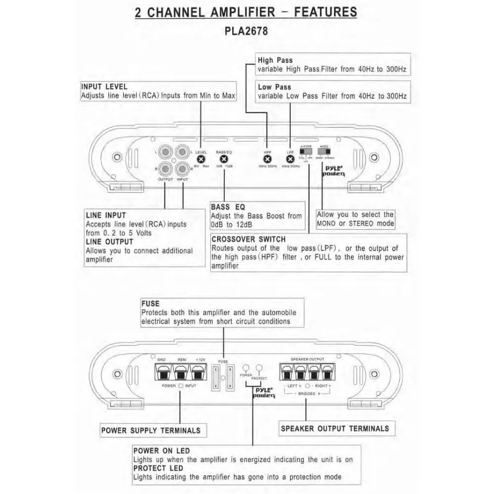 Pyle 2-Channel Car Stereo Amplifier – 4000W Bridgeable High-Power MOSFET Amp with Crossover, Bass Boost & Silver-Plated RCA Inp