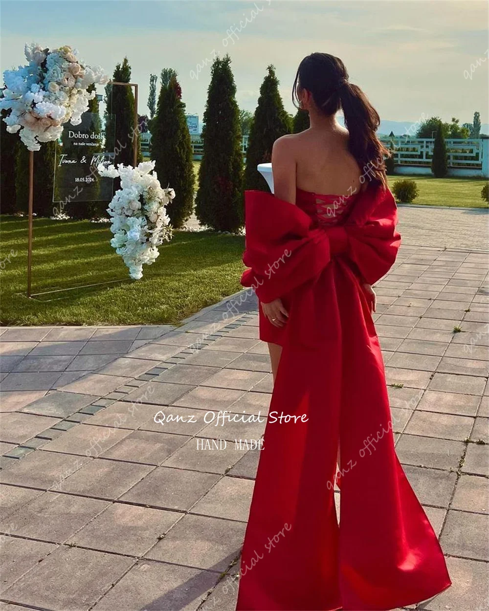 Qanz Sexy Prom Dresses Red 2 Pieces Satin Strapless Short Party Dresses Woman Elegant Luxury Mermaid Evening Gown Customized