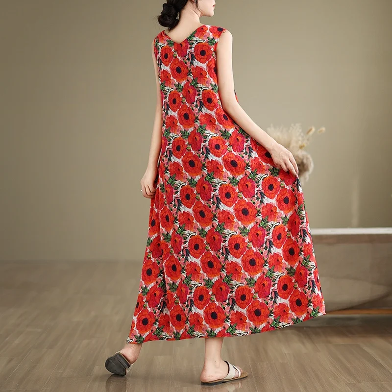 فستان صيفي 2025 مقاس كبير بدون أكمام ورقبة على شكل V، فستان طويل للنساء بتصميم نحيف على طراز السترة، فستان ميدي بطبعة رجعية م...