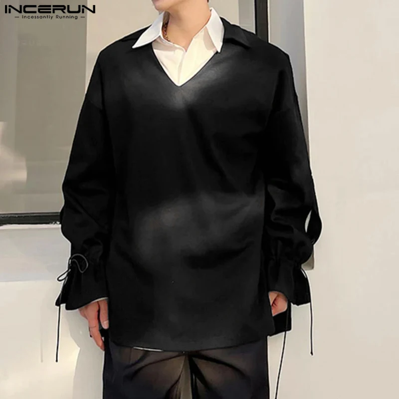INCERUN Tops 2025 Korean Style Fashion New Men's Solid Color Long Sleeved Shirt Casual Streetwear Male Simple Lapel Blouse S-5XL