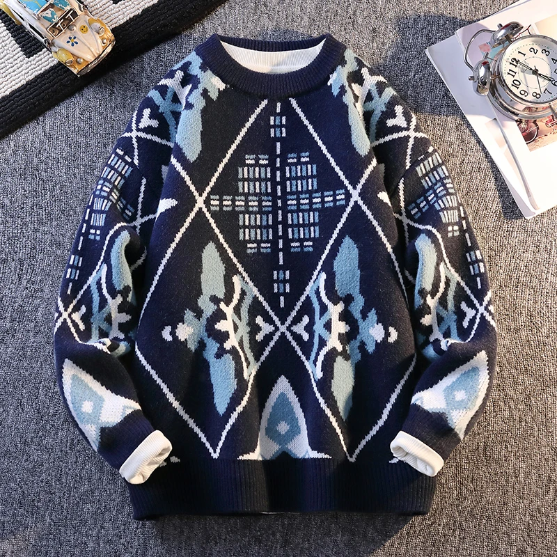 Retro Patterned High-quality Knitted Sweater Brand Fashionable High Street Pullover Autumn Winter Daily Casual Warm Pullover