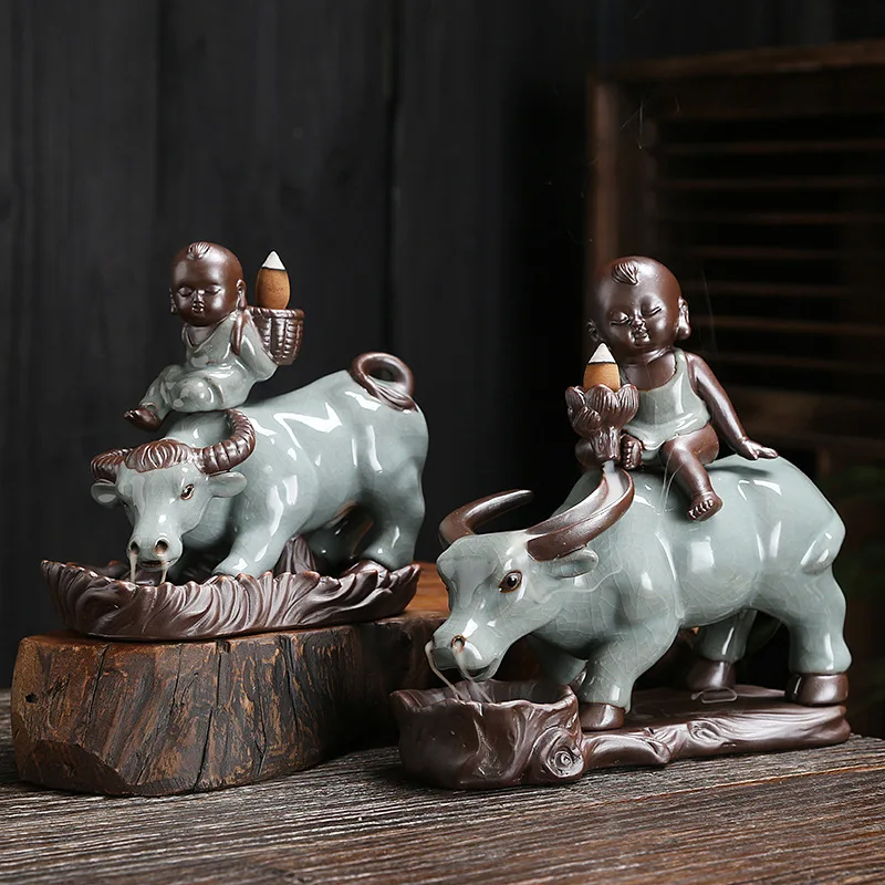 

Ceramic Backflow Incense Burner Cattle Farmer Boy Backflow Incense Burner Home Tea Room Handicrafts and Ornaments