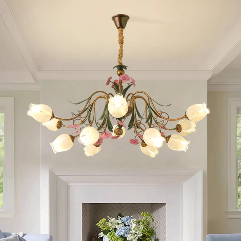 

Romantic Flower Glass Chandelier Lighting Luxury Living Room Hotel Pendant Lamp French Style Bedroom Dining Room Ceiling Lights