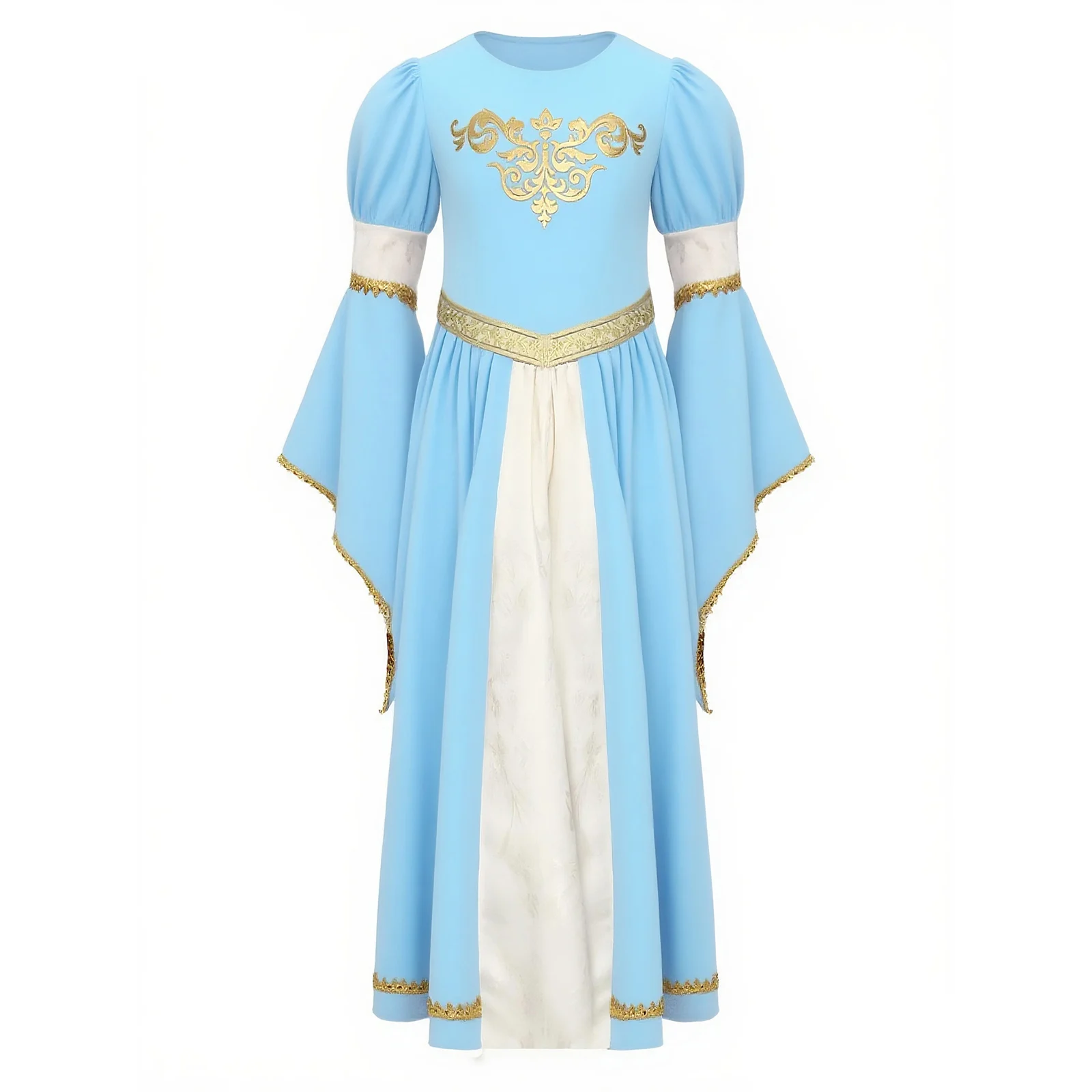 Kid Girls Medieval Princess Costume Halloween Renaissance Victorian Theme Party Vintage Gown Bell Sleeve Gold Webbing Trim Dress