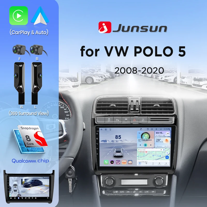Junsun Autoradio für Volkswagen VW POLO 5 Limousine 2008-2020 Kabelloses CarPlay Android Auto Stereo 8-Kern Plug&Play Head Unit 360 °   Panoramakamera GPS-Navigation SWC 4G-LTE WLAN Bluetooth FM RDS