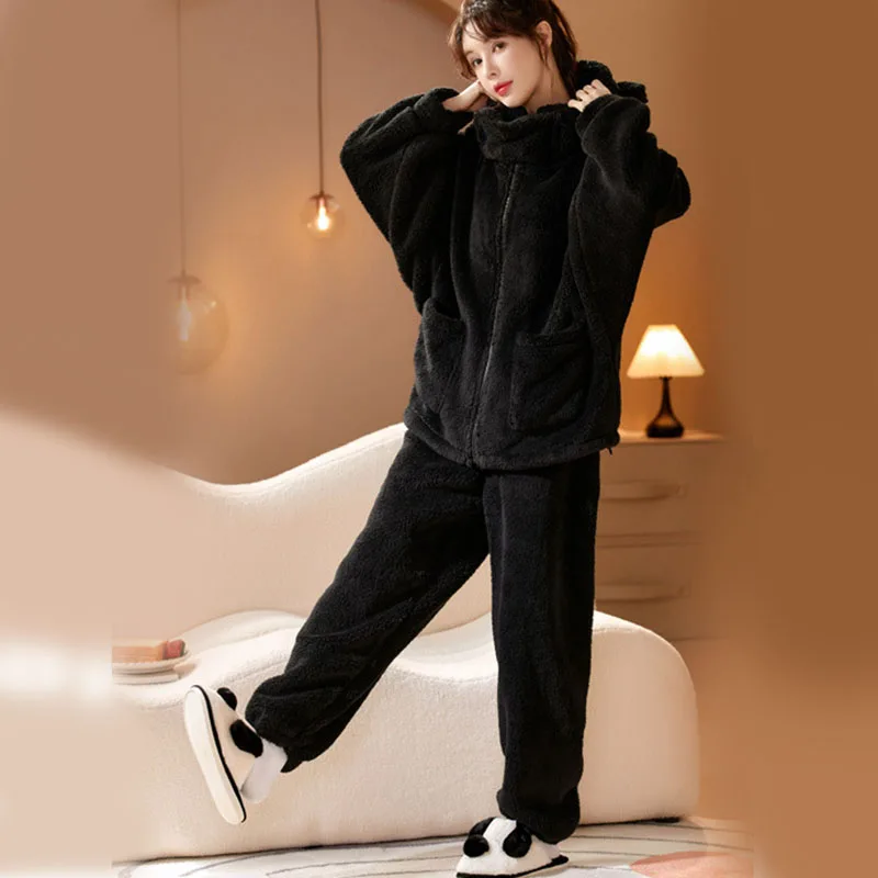 2023 New Winter Thick Warm Flannel Pajamas Set Women Casual Hooded Beige Black Casual Loungewear Female Velvet Homewear Pyjama