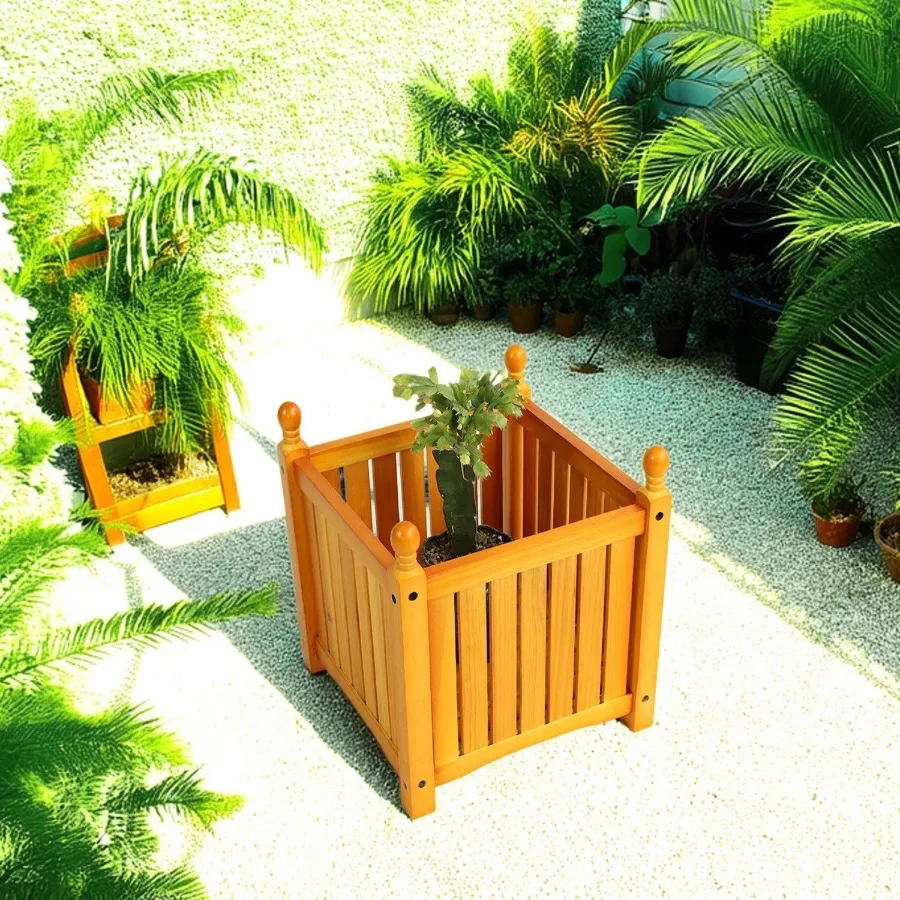 

Outdoor Square Wooden Flower and Herb Pot for Garden Porch and Patio - Outside Plant and Vegetable Container Planter Teak