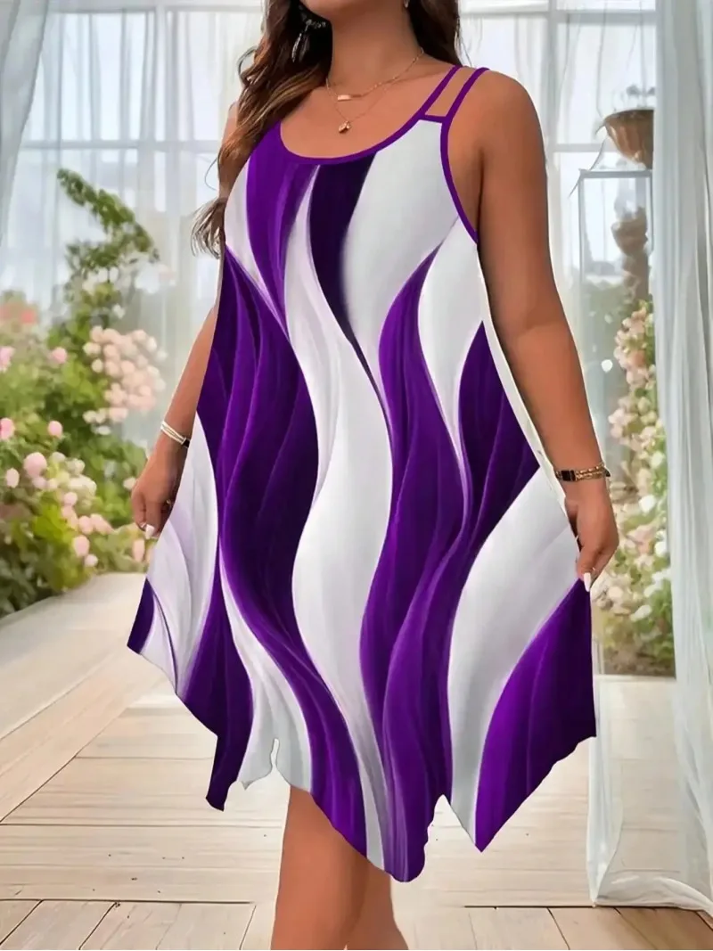 

Plus-size women's fashion asymmetrical geometric stripes printed double strap dress