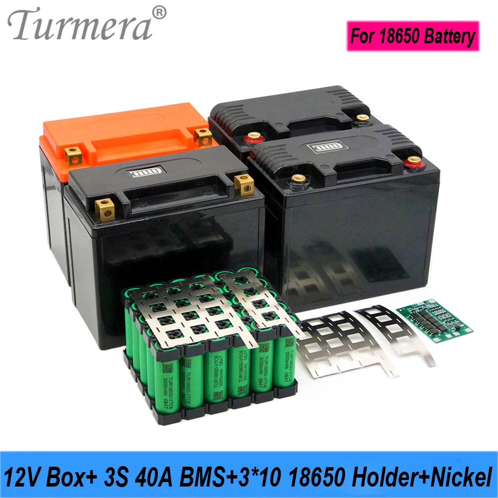 Turmera 12V 30Ah to 35Ah Motorcycle Battery Storage Box 3X10 18650 Holder 3S 40A BMS with Solder Nickel Use in Replace Lead-Acid