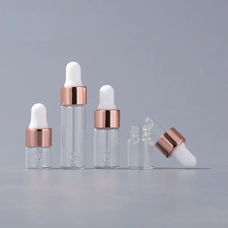 10/20pcs Mini Dropper Bottles Glass Empty Essential Oil Aromatherapy Bottles Rose Gold Cap Pipettes Bottles 1ml 2ml 3ml 5ml