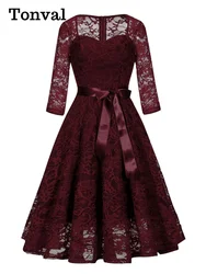 Tonval Sweetheart Neck Elegant Lace Long Swing Dress Women 3/4 Length Sleeve Belted Spring Autumn Vintage Ladies Midi Dresses