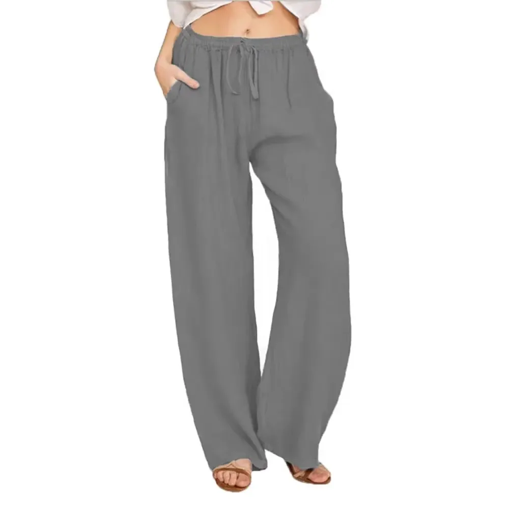 Sommer Herbst Frauen Mode Baumwolle Leinen Hosen Elastische Taille Lose Gerade Hosen Weibliche Casual Einfarbig Vielseitige Hosen – Detail 5