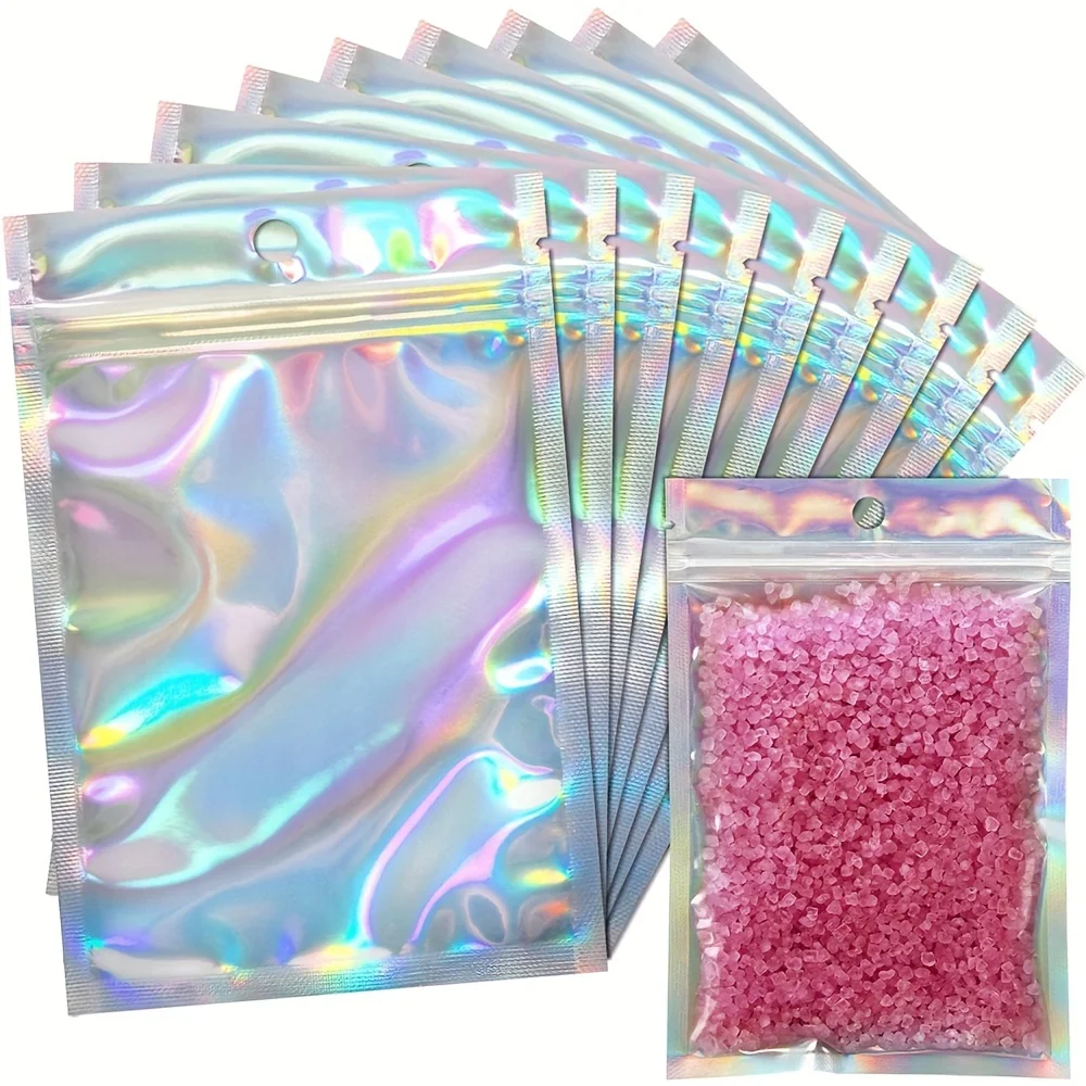 100PCS Resealable Holographic Bags Rainbow Coloured Laser Film Bags Transparent Zip Foil Packaging Bags 4 X 6 Inches